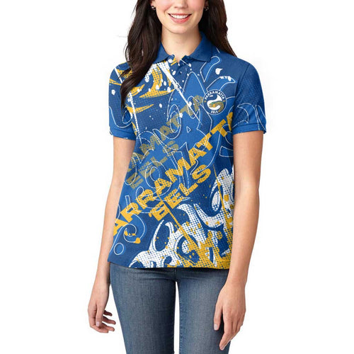 Personalized Parramatta Eels Rugby Women Polo Shirt Urban Street Graffiti Style - Distressed Splatter Elements