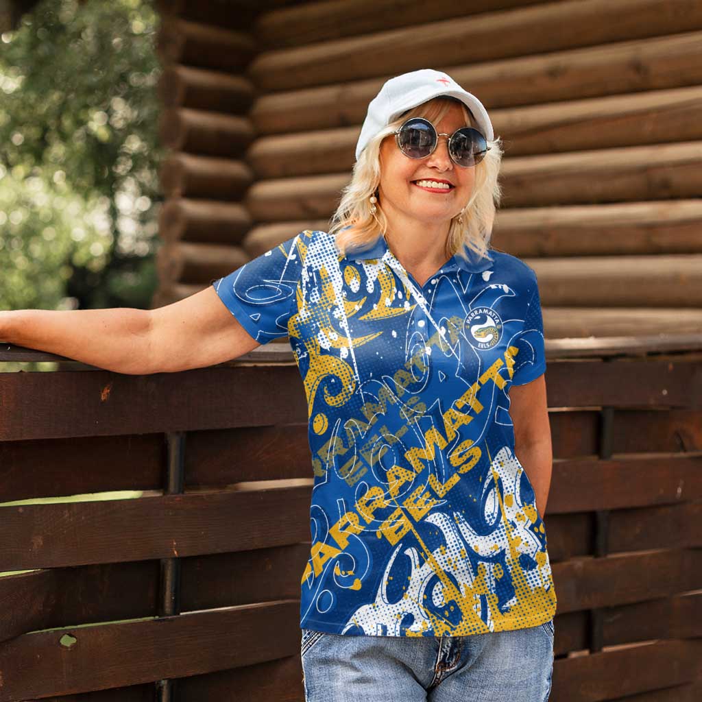 Personalized Parramatta Eels Rugby Women Polo Shirt Urban Street Graffiti Style - Distressed Splatter Elements