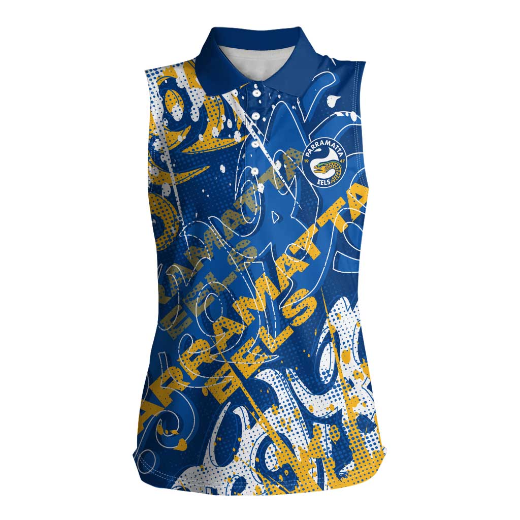 Personalized Parramatta Eels Rugby Women Sleeveless Polo Shirt Urban Street Graffiti Style - Distressed Splatter Elements