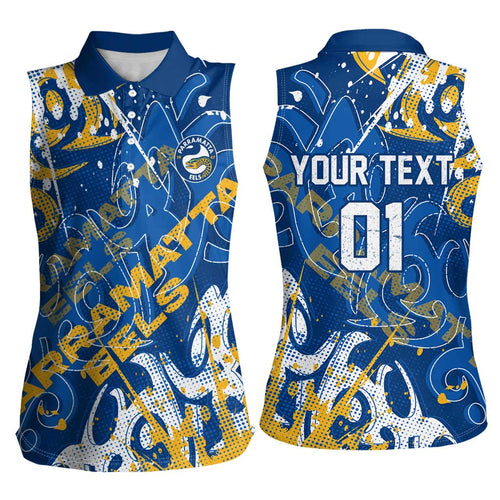 Personalized Parramatta Eels Rugby Women Sleeveless Polo Shirt Urban Street Graffiti Style - Distressed Splatter Elements