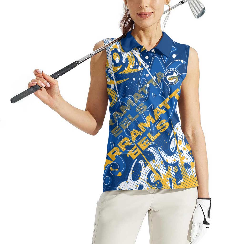Personalized Parramatta Eels Rugby Women Sleeveless Polo Shirt Urban Street Graffiti Style - Distressed Splatter Elements