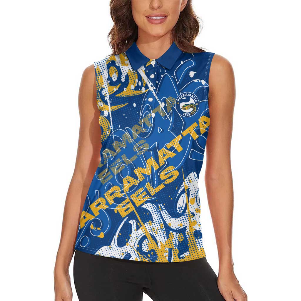 Personalized Parramatta Eels Rugby Women Sleeveless Polo Shirt Urban Street Graffiti Style - Distressed Splatter Elements