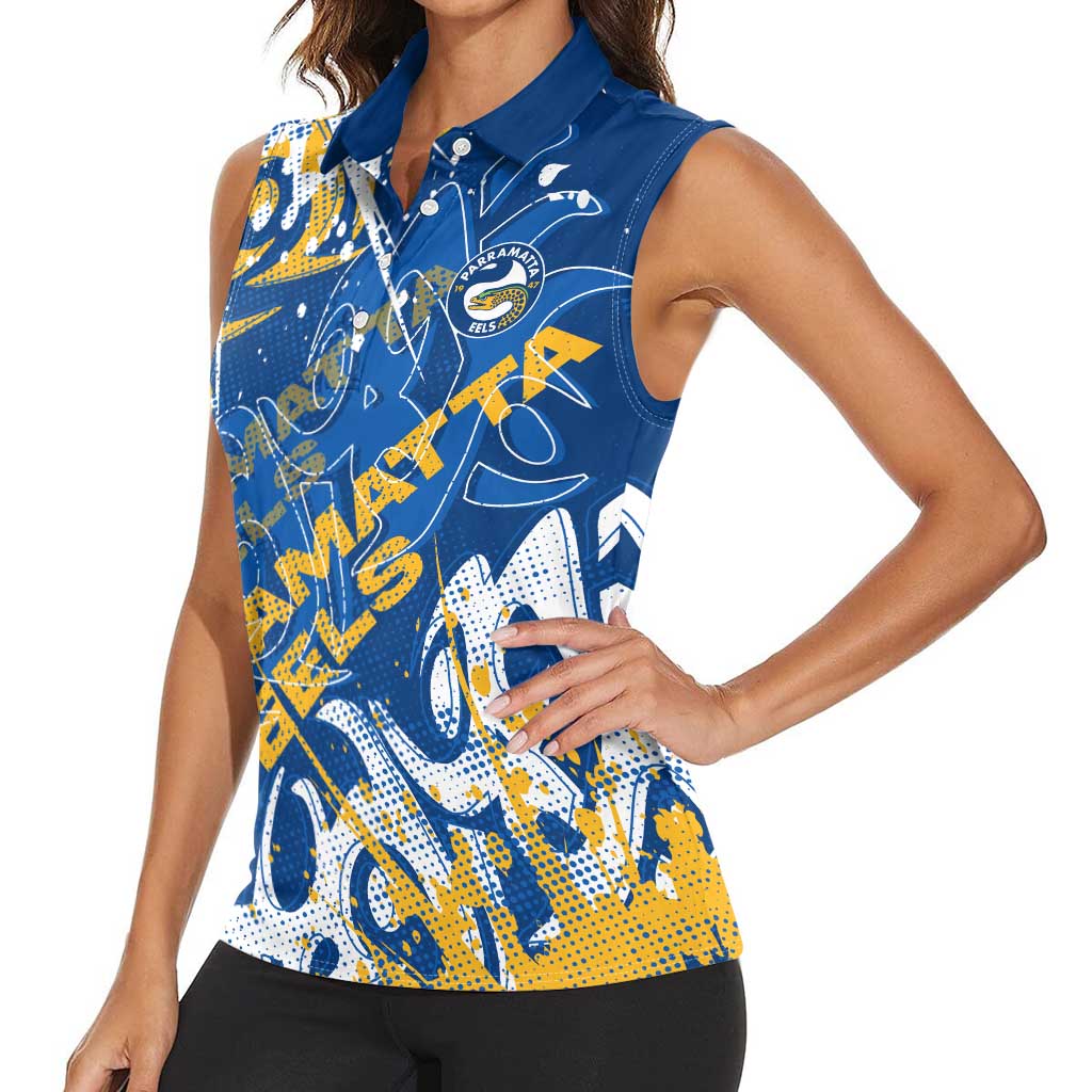 Personalized Parramatta Eels Rugby Women Sleeveless Polo Shirt Urban Street Graffiti Style - Distressed Splatter Elements