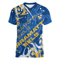 Personalized Parramatta Eels Rugby Women V-Neck T-Shirt Urban Street Graffiti Style - Distressed Splatter Elements