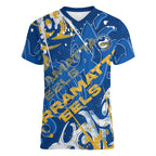 Personalized Parramatta Eels Rugby Women V-Neck T-Shirt Urban Street Graffiti Style - Distressed Splatter Elements