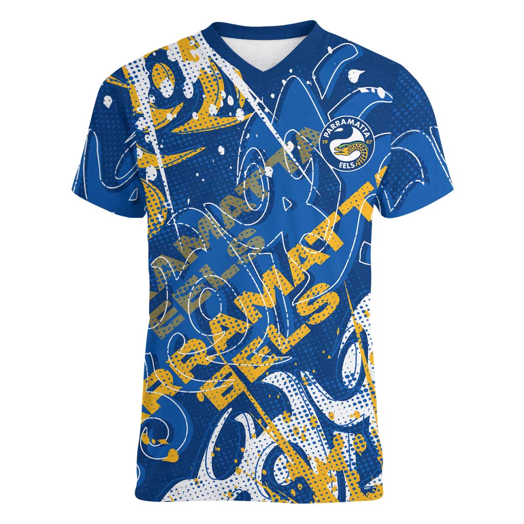 Personalized Parramatta Eels Rugby Women V-Neck T-Shirt Urban Street Graffiti Style - Distressed Splatter Elements