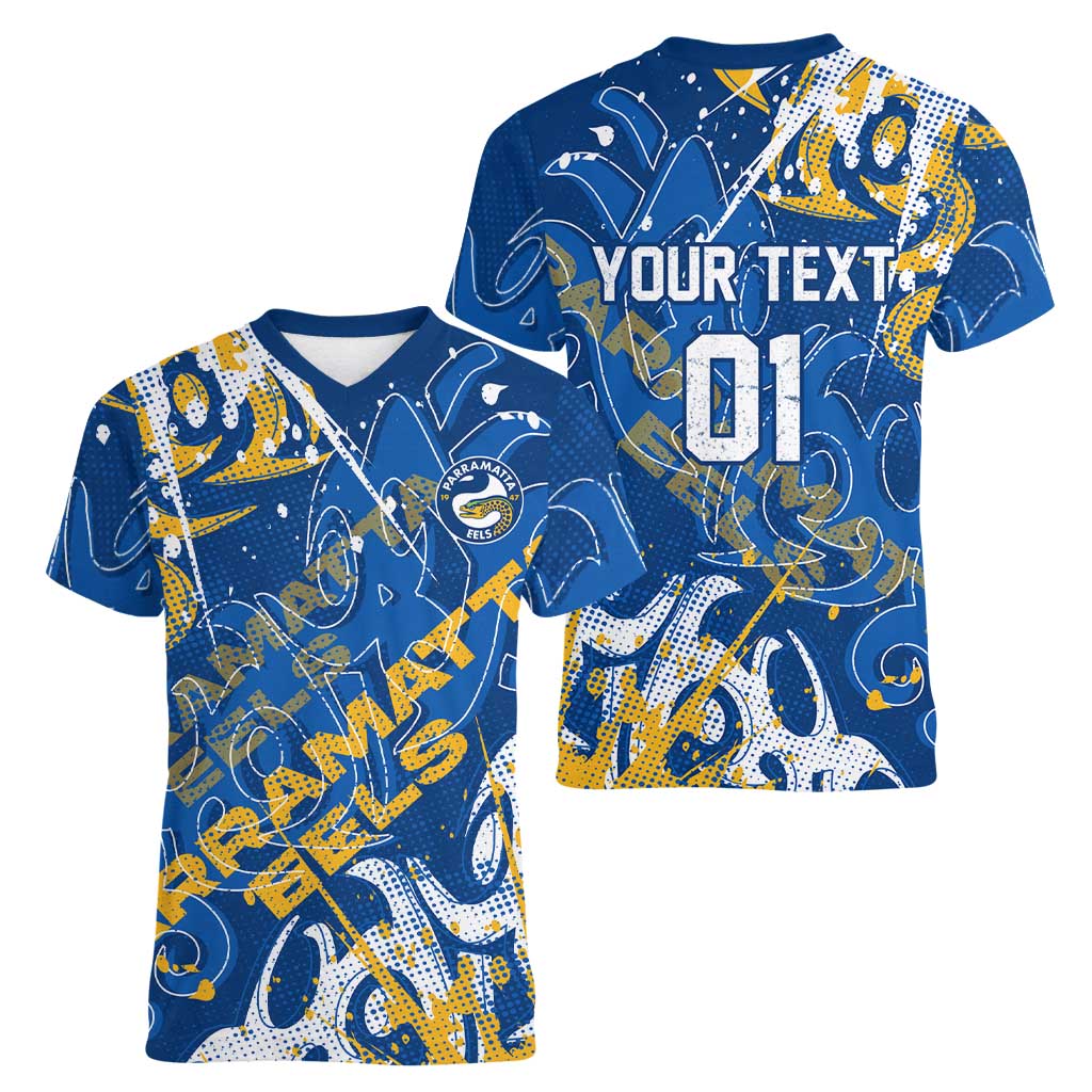 Personalized Parramatta Eels Rugby Women V-Neck T-Shirt Urban Street Graffiti Style - Distressed Splatter Elements