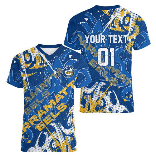 Personalized Parramatta Eels Rugby Women V-Neck T-Shirt Urban Street Graffiti Style - Distressed Splatter Elements