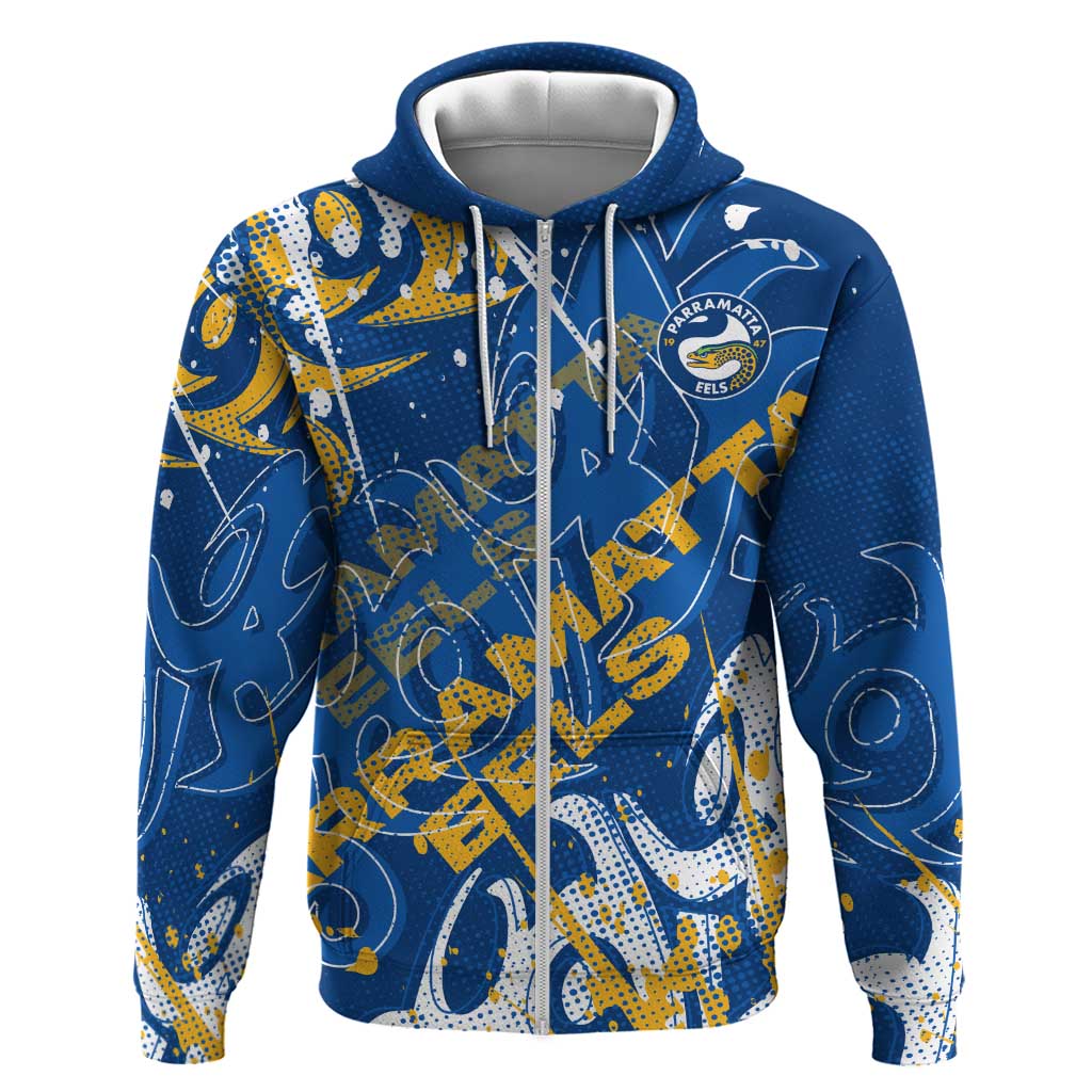 Personalized Parramatta Eels Rugby Zip Hoodie Urban Street Graffiti Style - Distressed Splatter Elements