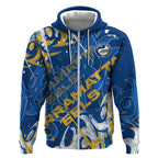 Personalized Parramatta Eels Rugby Zip Hoodie Urban Street Graffiti Style - Distressed Splatter Elements