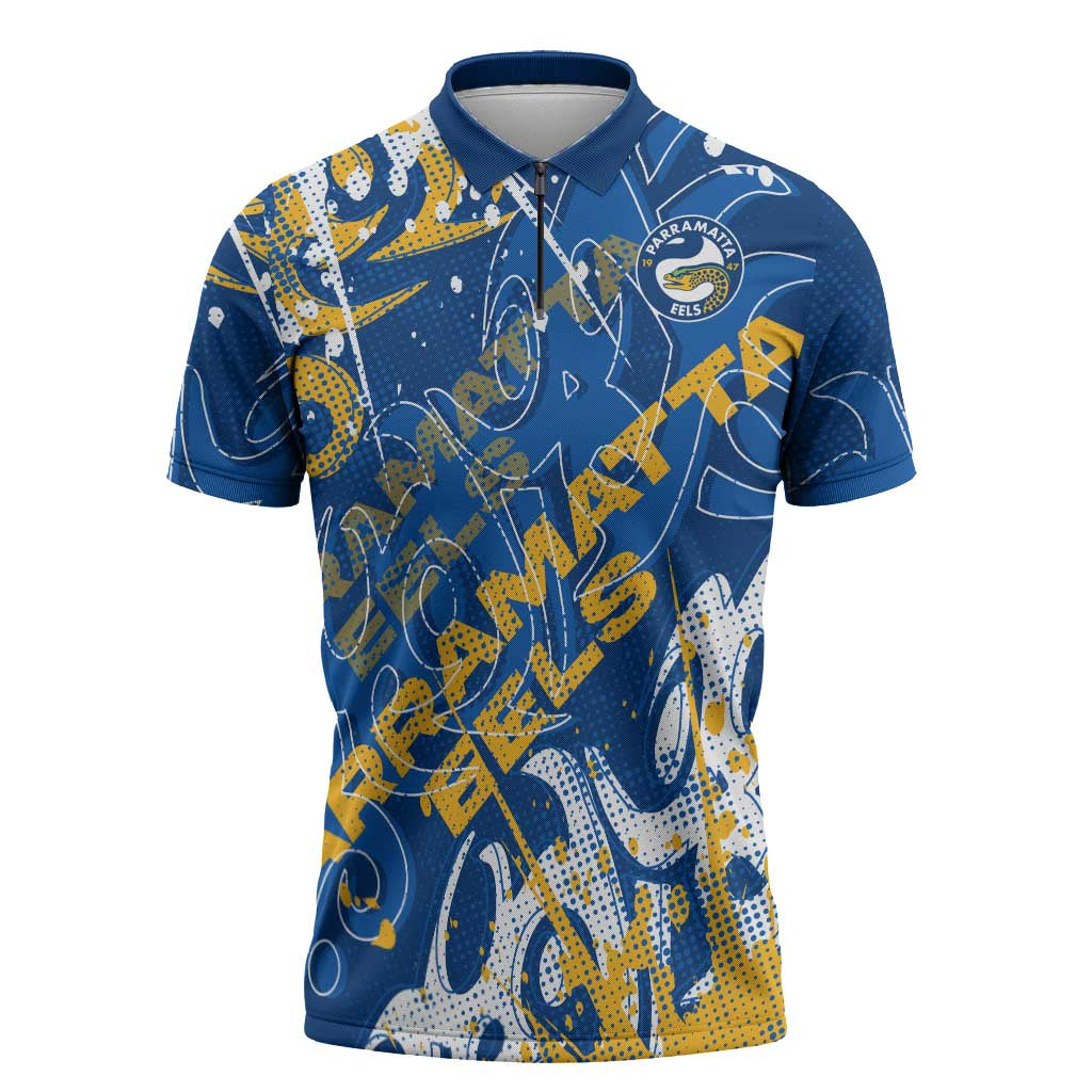Personalized Parramatta Eels Rugby Zipper Polo Shirt Urban Street Graffiti Style - Distressed Splatter Elements