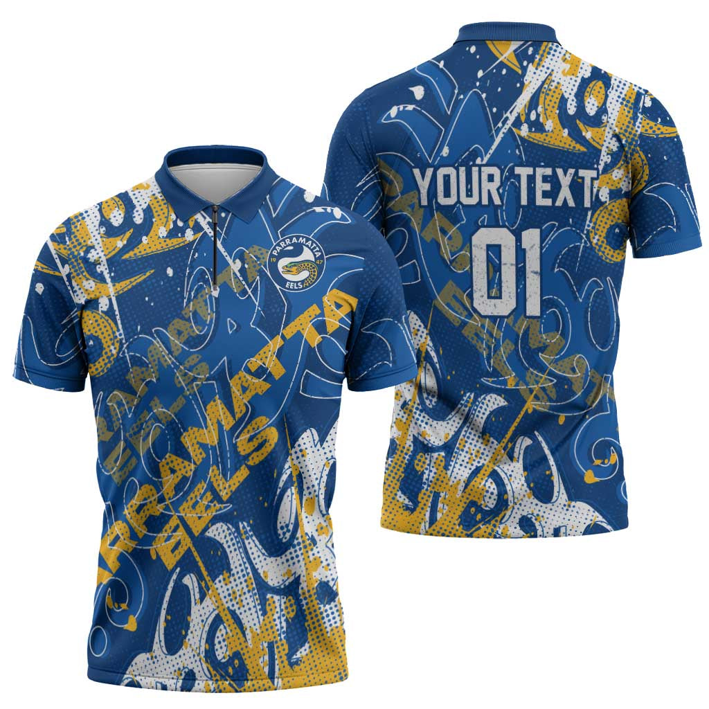 Personalized Parramatta Eels Rugby Zipper Polo Shirt Urban Street Graffiti Style - Distressed Splatter Elements