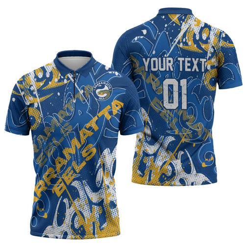 Personalized Parramatta Eels Rugby Zipper Polo Shirt Urban Street Graffiti Style - Distressed Splatter Elements
