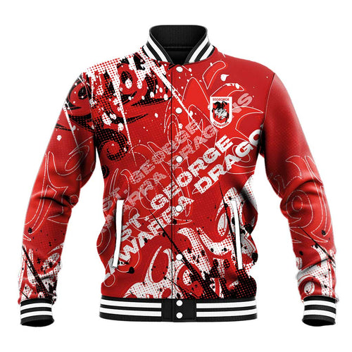 Personalized St. George Illawarra Dragons Rugby Baseball Jacket Urban Street Graffiti Style - Distressed Splatter Elements