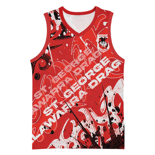 Personalized St. George Illawarra Dragons Rugby Basketball Jersey Urban Street Graffiti Style - Distressed Splatter Elements