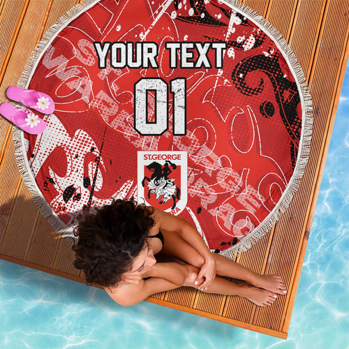 Personalized St. George Illawarra Dragons Rugby Beach Blanket Urban Street Graffiti Style - Distressed Splatter Elements