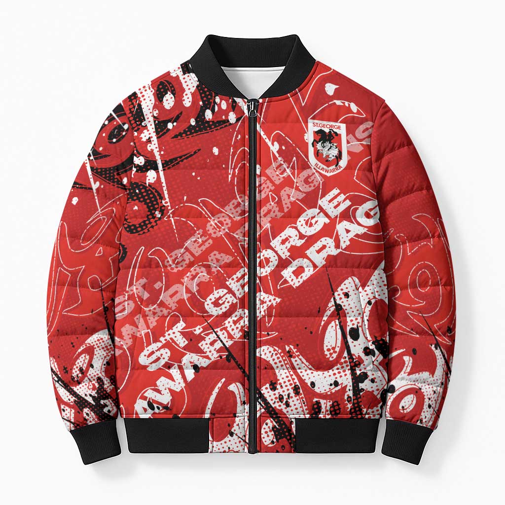 Personalized St. George Illawarra Dragons Rugby Bomber Puffer Jacket Urban Street Graffiti Style - Distressed Splatter Elements