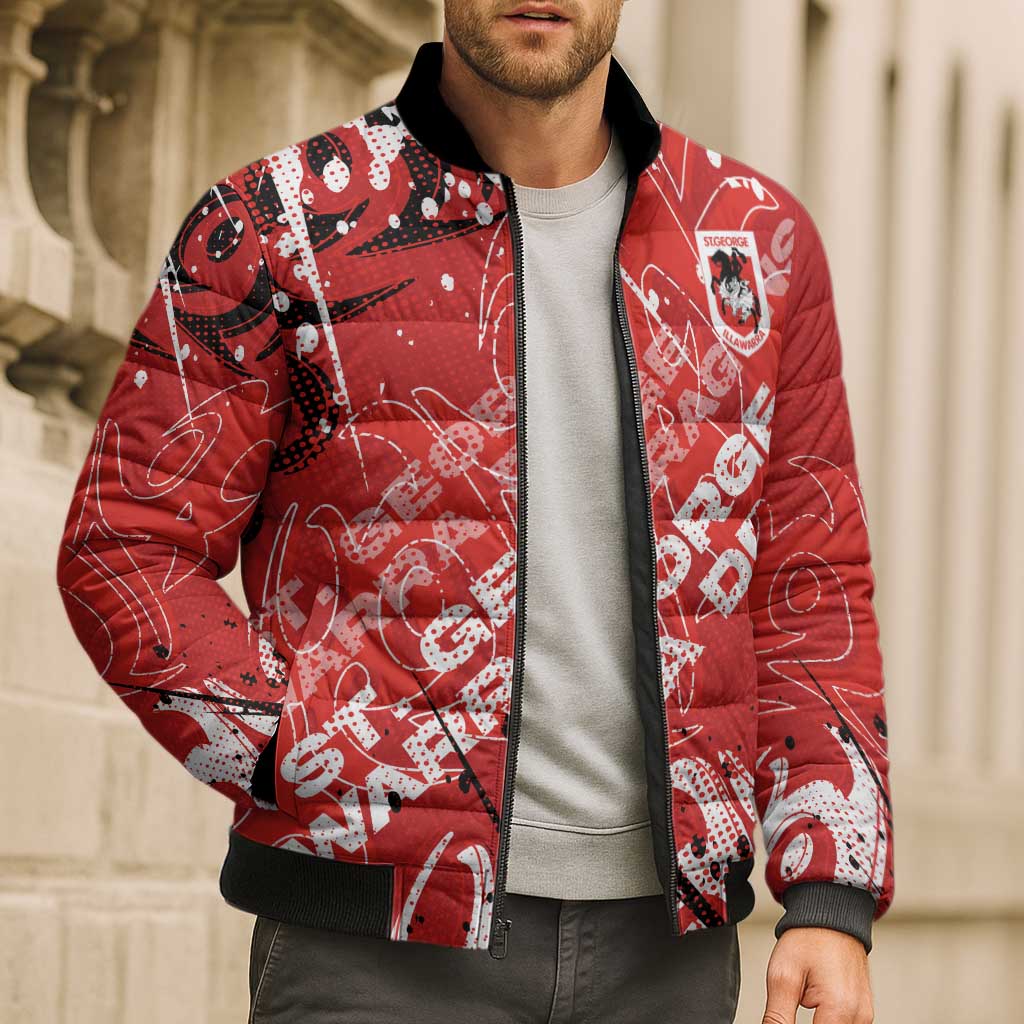 Personalized St. George Illawarra Dragons Rugby Bomber Puffer Jacket Urban Street Graffiti Style - Distressed Splatter Elements