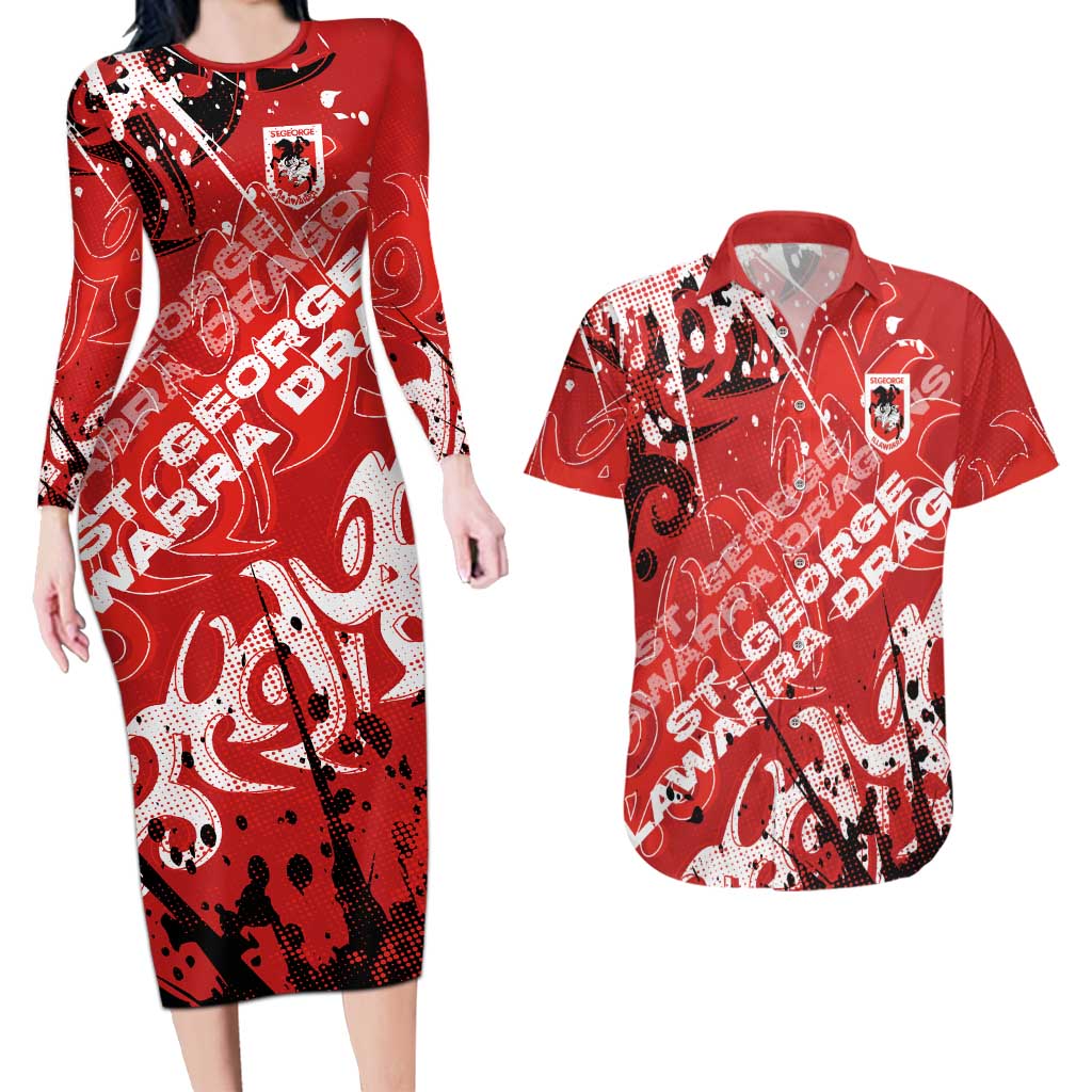 Personalized St. George Illawarra Dragons Rugby Couples Matching Long Sleeve Bodycon Dress and Hawaiian Shirt Urban Street Graffiti Style - Distressed Splatter Elements