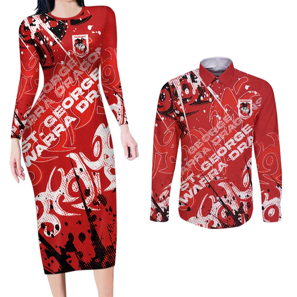 Personalized St. George Illawarra Dragons Rugby Couples Matching Long Sleeve Bodycon Dress and Long Sleeve Button Shirt Urban Street Graffiti Style - Distressed Splatter Elements
