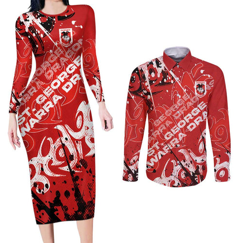 Personalized St. George Illawarra Dragons Rugby Couples Matching Long Sleeve Bodycon Dress and Long Sleeve Button Shirt Urban Street Graffiti Style - Distressed Splatter Elements