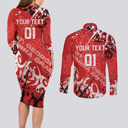 Personalized St. George Illawarra Dragons Rugby Couples Matching Long Sleeve Bodycon Dress and Long Sleeve Button Shirt Urban Street Graffiti Style - Distressed Splatter Elements