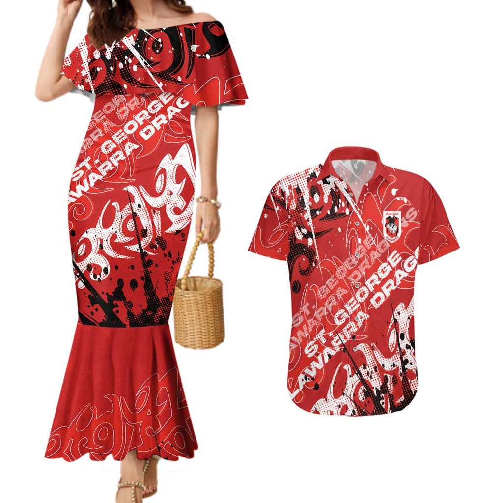 Personalized St. George Illawarra Dragons Rugby Couples Matching Mermaid Dress and Hawaiian Shirt Urban Street Graffiti Style - Distressed Splatter Elements