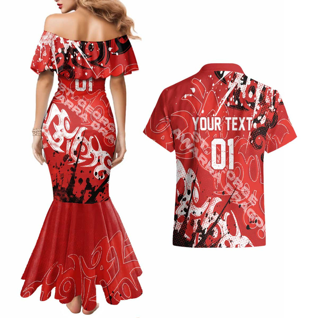 Personalized St. George Illawarra Dragons Rugby Couples Matching Mermaid Dress and Hawaiian Shirt Urban Street Graffiti Style - Distressed Splatter Elements