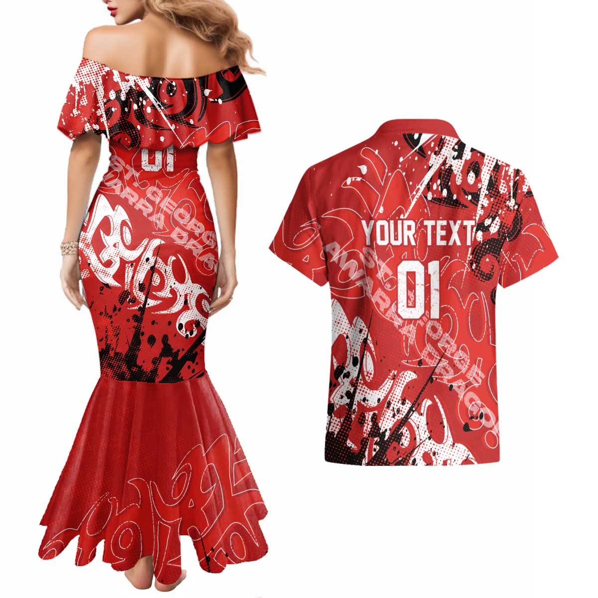 Personalized St. George Illawarra Dragons Rugby Couples Matching Mermaid Dress and Hawaiian Shirt Urban Street Graffiti Style - Distressed Splatter Elements