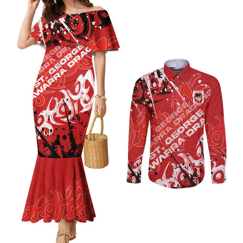 Personalized St. George Illawarra Dragons Rugby Couples Matching Mermaid Dress and Long Sleeve Button Shirt Urban Street Graffiti Style - Distressed Splatter Elements