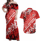 Personalized St. George Illawarra Dragons Rugby Couples Matching Off Shoulder Maxi Dress and Hawaiian Shirt Urban Street Graffiti Style - Distressed Splatter Elements