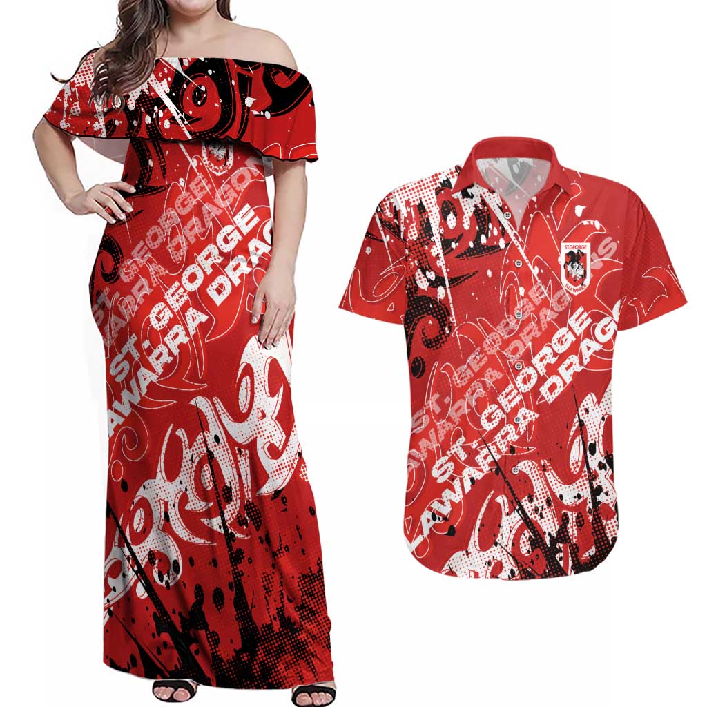 Personalized St. George Illawarra Dragons Rugby Couples Matching Off Shoulder Maxi Dress and Hawaiian Shirt Urban Street Graffiti Style - Distressed Splatter Elements