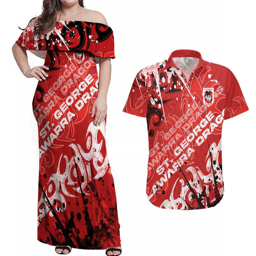 Personalized St. George Illawarra Dragons Rugby Couples Matching Off Shoulder Maxi Dress and Hawaiian Shirt Urban Street Graffiti Style - Distressed Splatter Elements