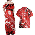 Personalized St. George Illawarra Dragons Rugby Couples Matching Off Shoulder Maxi Dress and Hawaiian Shirt Urban Street Graffiti Style - Distressed Splatter Elements