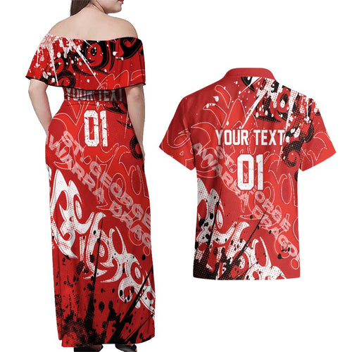 Personalized St. George Illawarra Dragons Rugby Couples Matching Off Shoulder Maxi Dress and Hawaiian Shirt Urban Street Graffiti Style - Distressed Splatter Elements