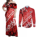 Personalized St. George Illawarra Dragons Rugby Couples Matching Off Shoulder Maxi Dress and Long Sleeve Button Shirt Urban Street Graffiti Style - Distressed Splatter Elements