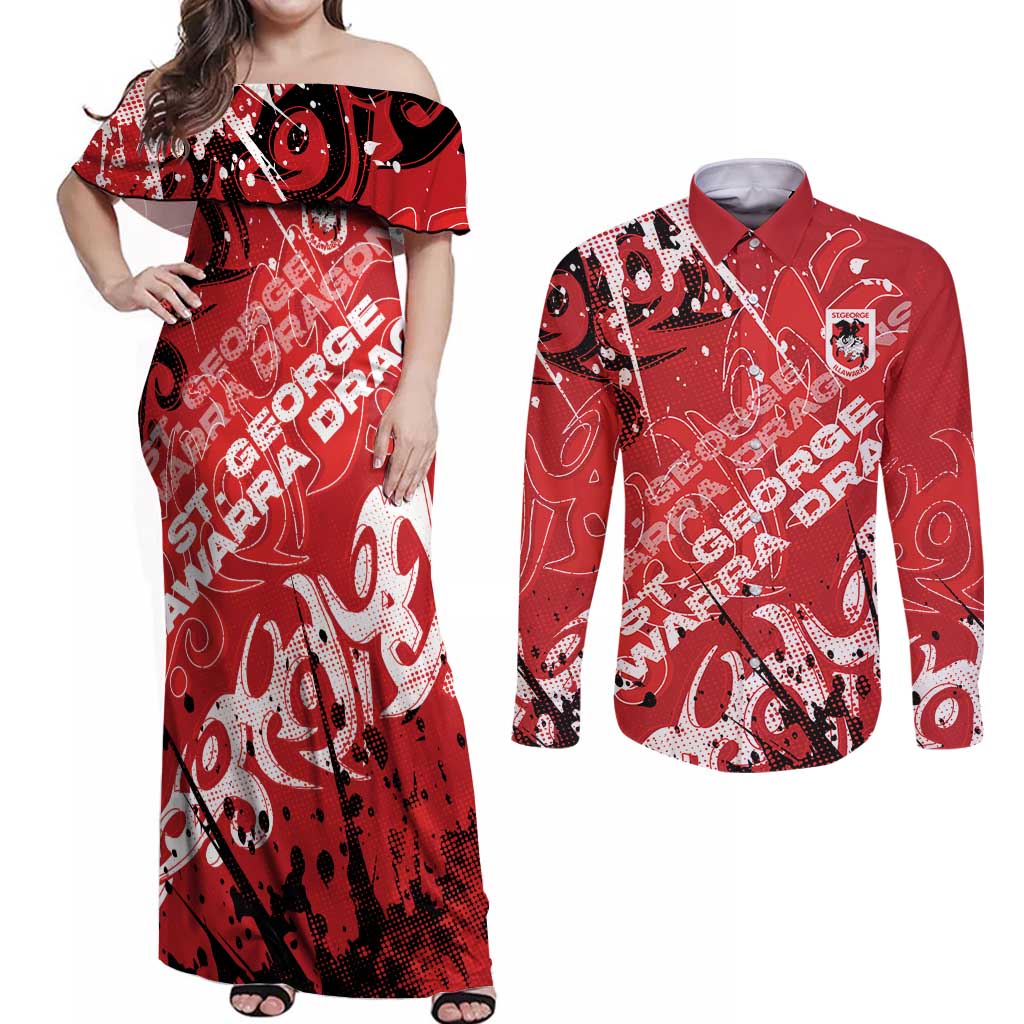 Personalized St. George Illawarra Dragons Rugby Couples Matching Off Shoulder Maxi Dress and Long Sleeve Button Shirt Urban Street Graffiti Style - Distressed Splatter Elements