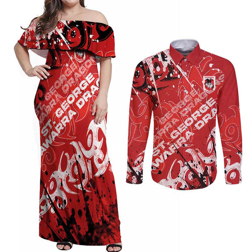 Personalized St. George Illawarra Dragons Rugby Couples Matching Off Shoulder Maxi Dress and Long Sleeve Button Shirt Urban Street Graffiti Style - Distressed Splatter Elements