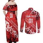 Personalized St. George Illawarra Dragons Rugby Couples Matching Off Shoulder Maxi Dress and Long Sleeve Button Shirt Urban Street Graffiti Style - Distressed Splatter Elements