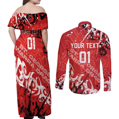 Personalized St. George Illawarra Dragons Rugby Couples Matching Off Shoulder Maxi Dress and Long Sleeve Button Shirt Urban Street Graffiti Style - Distressed Splatter Elements