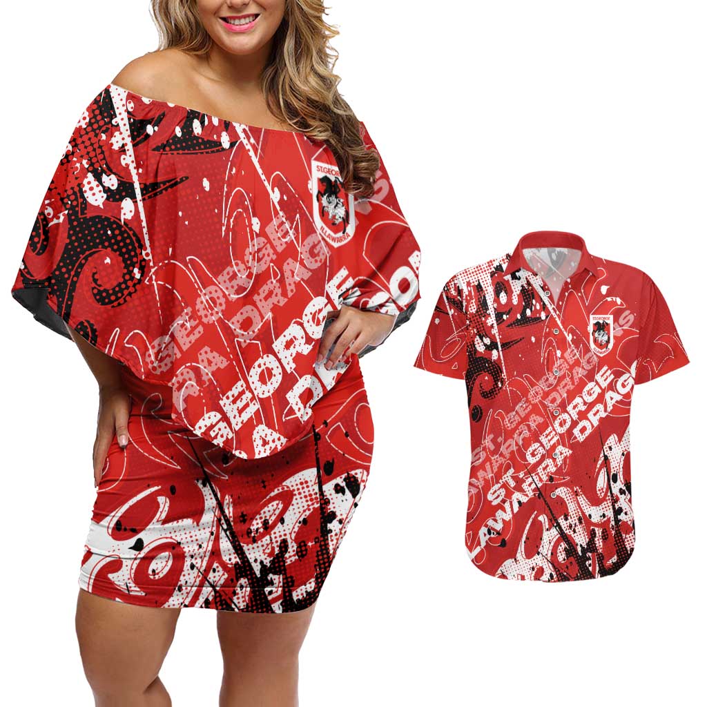 Personalized St. George Illawarra Dragons Rugby Couples Matching Off Shoulder Short Dress and Hawaiian Shirt Urban Street Graffiti Style - Distressed Splatter Elements