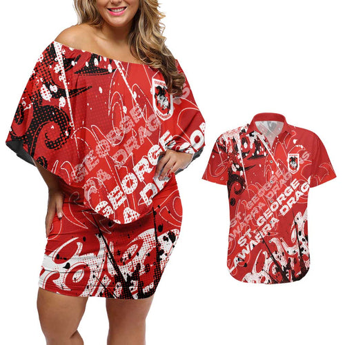 Personalized St. George Illawarra Dragons Rugby Couples Matching Off Shoulder Short Dress and Hawaiian Shirt Urban Street Graffiti Style - Distressed Splatter Elements