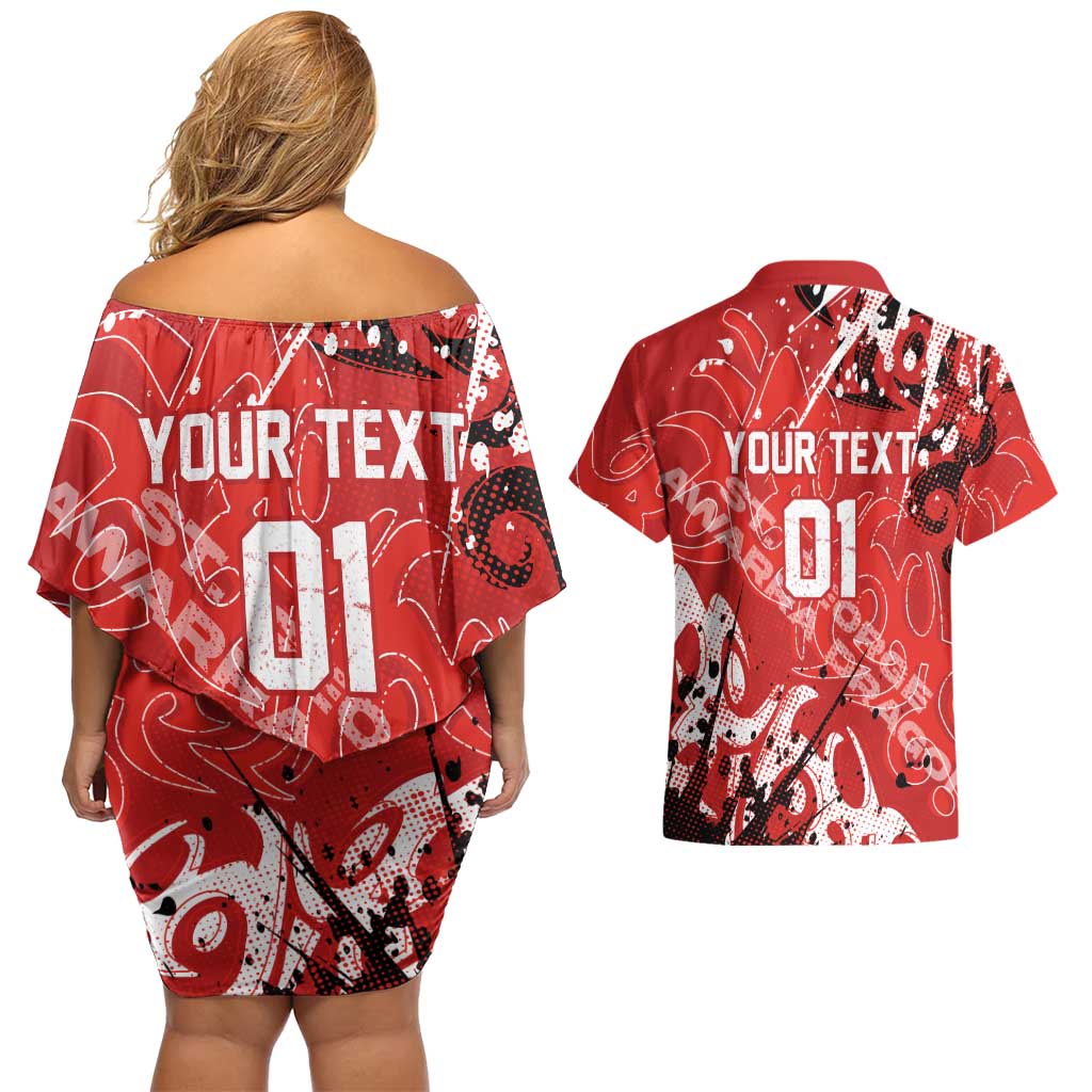 Personalized St. George Illawarra Dragons Rugby Couples Matching Off Shoulder Short Dress and Hawaiian Shirt Urban Street Graffiti Style - Distressed Splatter Elements