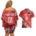 Personalized St. George Illawarra Dragons Rugby Couples Matching Off Shoulder Short Dress and Hawaiian Shirt Urban Street Graffiti Style - Distressed Splatter Elements