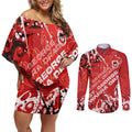 Personalized St. George Illawarra Dragons Rugby Couples Matching Off Shoulder Short Dress and Long Sleeve Button Shirt Urban Street Graffiti Style - Distressed Splatter Elements