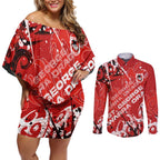 Personalized St. George Illawarra Dragons Rugby Couples Matching Off Shoulder Short Dress and Long Sleeve Button Shirt Urban Street Graffiti Style - Distressed Splatter Elements