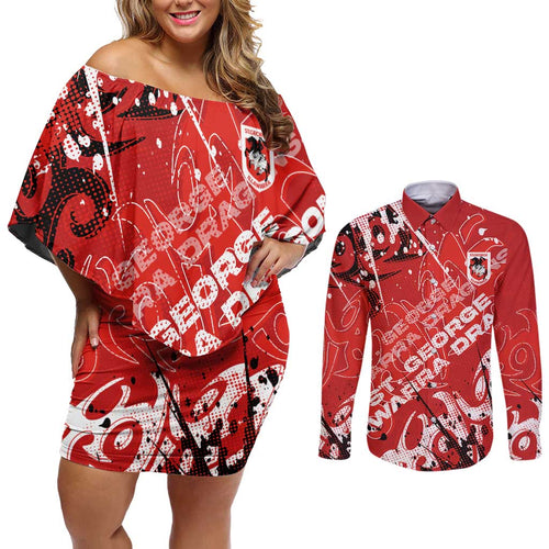 Personalized St. George Illawarra Dragons Rugby Couples Matching Off Shoulder Short Dress and Long Sleeve Button Shirt Urban Street Graffiti Style - Distressed Splatter Elements