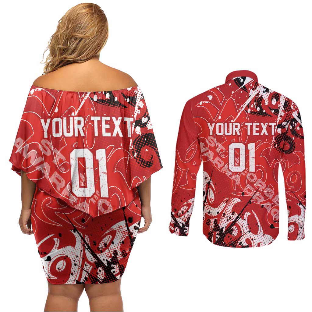 Personalized St. George Illawarra Dragons Rugby Couples Matching Off Shoulder Short Dress and Long Sleeve Button Shirt Urban Street Graffiti Style - Distressed Splatter Elements