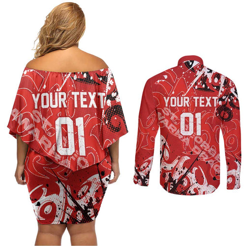Personalized St. George Illawarra Dragons Rugby Couples Matching Off Shoulder Short Dress and Long Sleeve Button Shirt Urban Street Graffiti Style - Distressed Splatter Elements