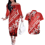 Personalized St. George Illawarra Dragons Rugby Couples Matching Off The Shoulder Long Sleeve Dress and Hawaiian Shirt Urban Street Graffiti Style - Distressed Splatter Elements